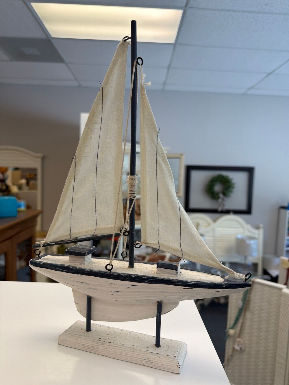 Wooden Sailboat Model Decor with Fabric Sails Vintage Style